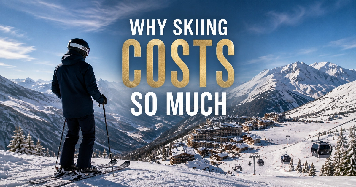Why is skiing so expensive? Skier overlooking a mountain resort and ski lifts