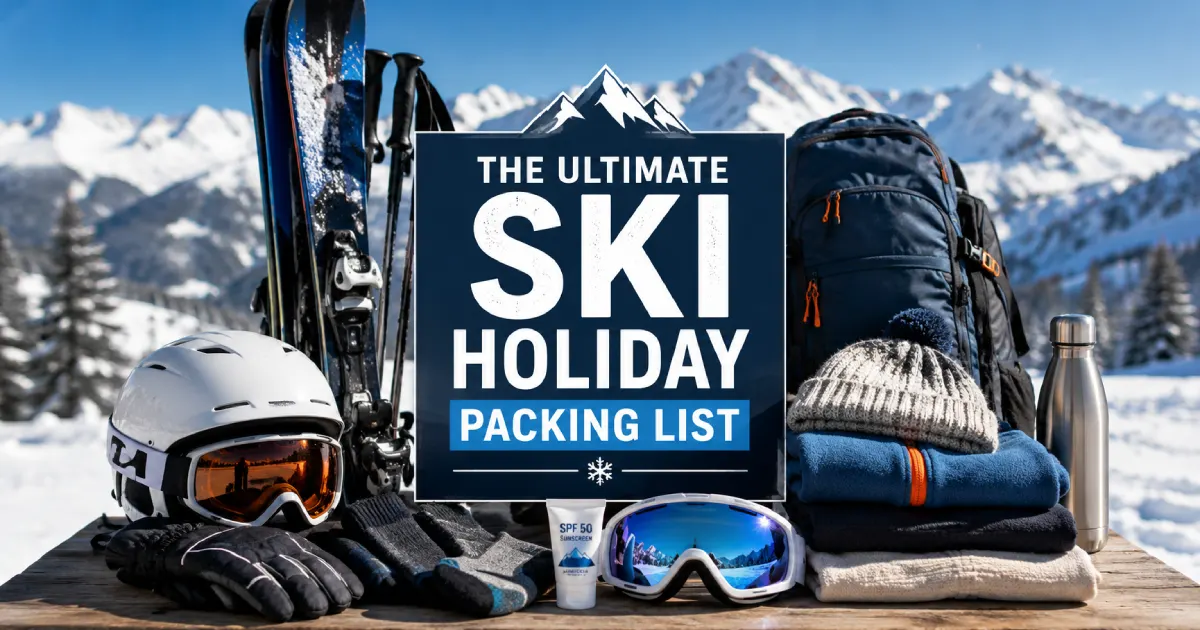 Ski holiday packing list with clothing and equipment prepared for a mountain trip